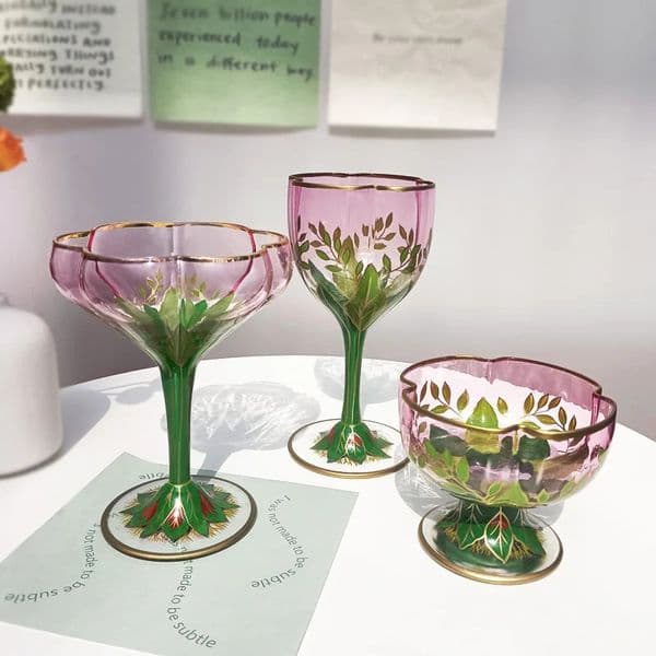 Austrian Medieval Champagne Cup Crystal Glass Red Wine Cup Pink Hand-painted Ice Cream Bowl Vintage Flower Goblet 260326