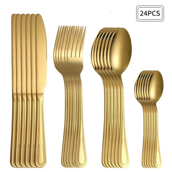 24pc Stainless steel gold cutlery set knife fork spoon steak knife fork dessert fork spoon retro suitable for restaurant kitchen 260324