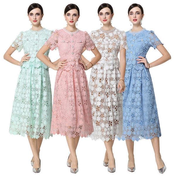 2026 Designer French Elegant Miss S6 Evening Dress Light Luxury Socialite Short Sleeve Pearl FC Embroidered Lace Dress Set