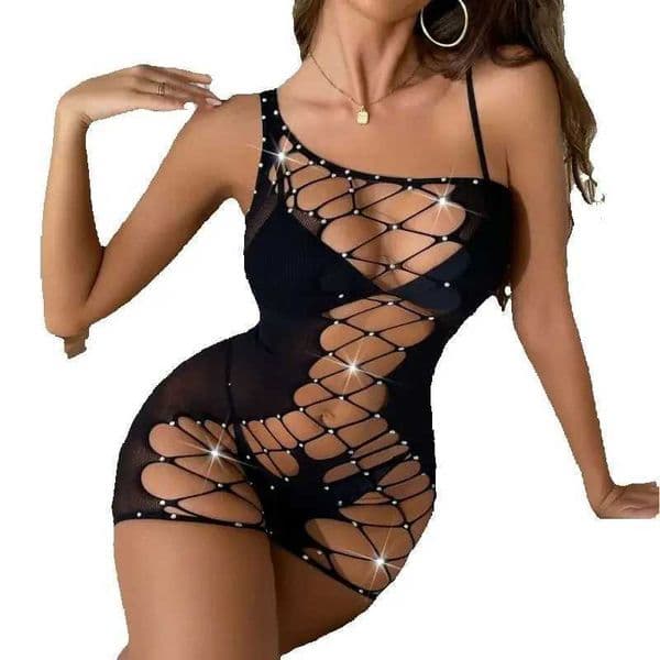 European and American Womens Erotic Lingerie Nightclub Style Hollow Out Single Shoulder Suspender One-piece Bag Hip Shorts L251229 L260402