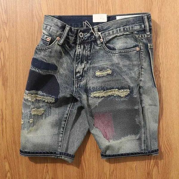 Retro Old Sticker Denim Shorts Mens Trendy Brand Patch Washed Cotton Pants Summer Ripped Luxury Clothing Designer Clothes Jeans C260402
