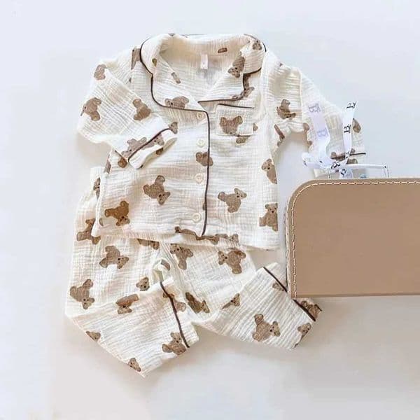 1-6Y Kids Pajama Sets Baby Boys Grils Sleepwear Bear Printed Long Sleeve Lapel Tops Long Pants Children Pajama Nighwear H260402