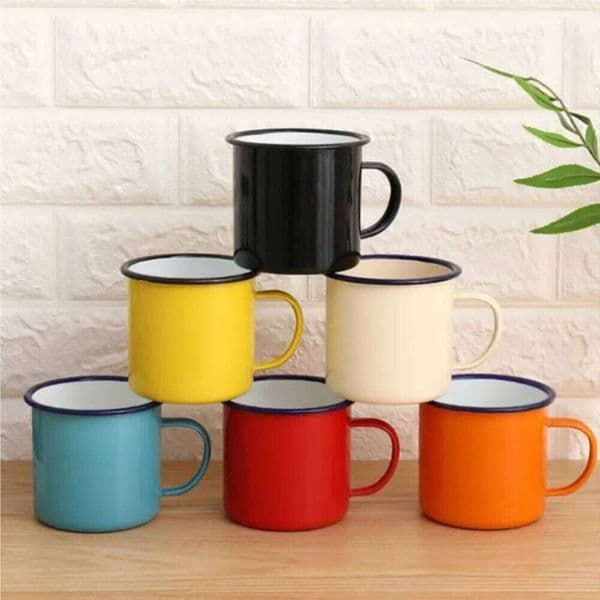 Enamel Mug Retro Coffee Mugs Pure Color Portable Camping Outdoor Drinking Tea Cup With Handle Metal Tin Kitchen Drinkware