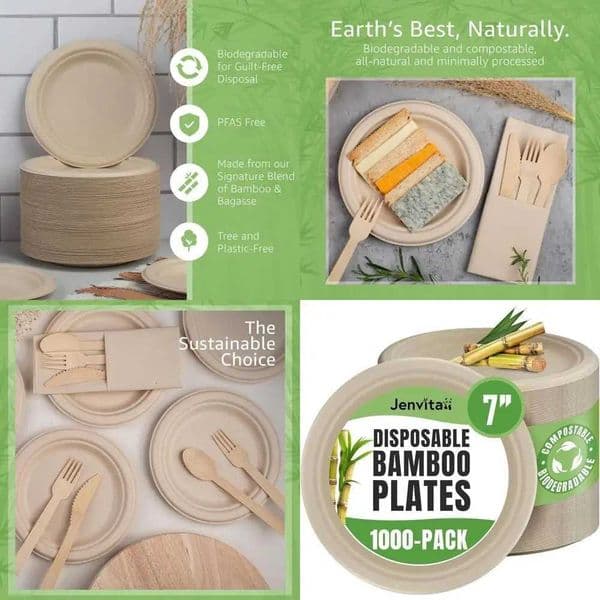 1000-Count 7-Inch Bamboo Plates Disposable Microwave Safe Eco-Friendly Biodegradable Party Plates X260402