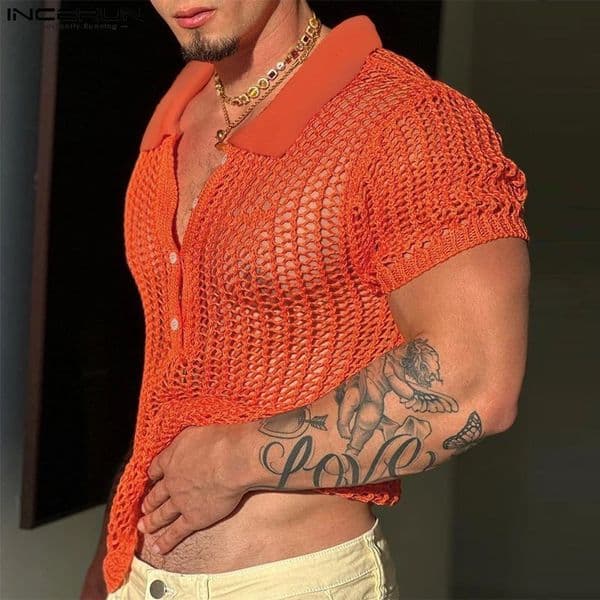 INCERUN Men Shirt Mesh Transparent Hollow Out Sexy Lapel Short Sleeve Men Clothing Streetwear Solid Fashion Camisas S-5XL 260401