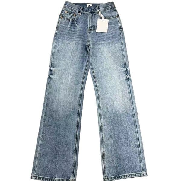 Straight Leg Light Blue Jeans with Printed Interior Design for Women's Pants
