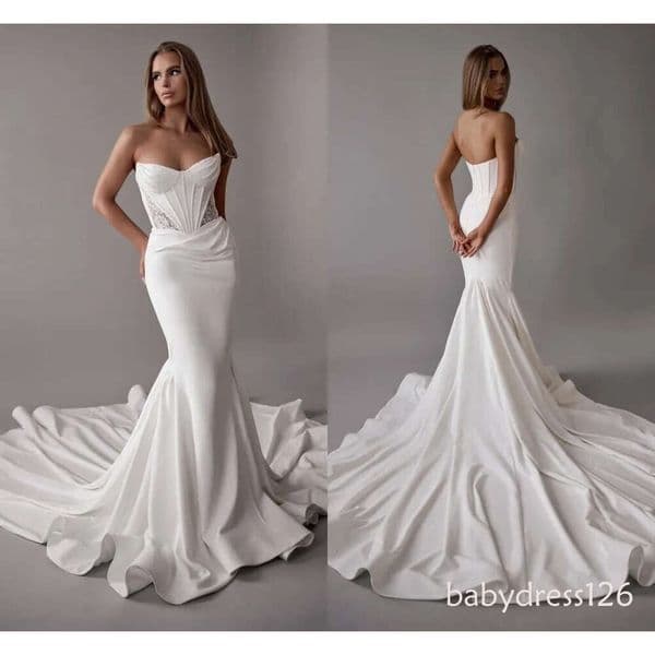 Cat-eye Neckline Mermaid Wedding Dresses Modest Ivory Satin Lace Corset Boning Simple Bridal Gowns Sexy Backless Sweep Train Trumpet Marriage Robe De Mariee ZD19