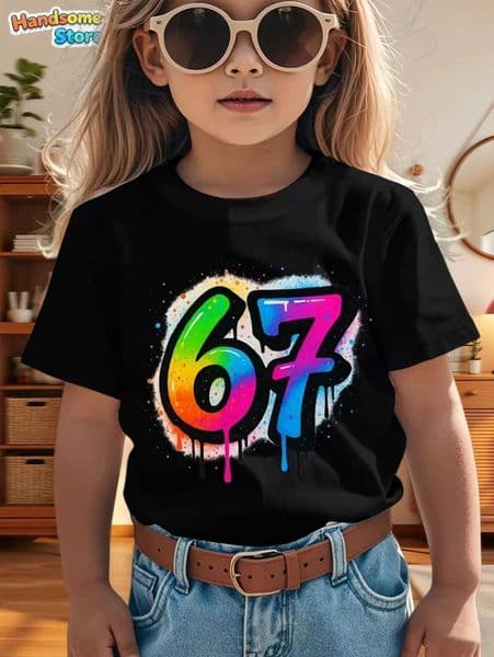 67 Meme T-Shirt for Boys Girls Fashion Splashed Ink 3D Print Girl Short Sleeve Tees Round Neck Tops Loose Childrens ClothingT260403