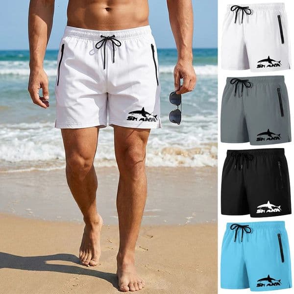 Shark Print Mens Beach Shorts Summer Casual Board with Mesh Liner Zipper Pockets Quick Dry Swim Trunks Bathing Suit 260403BJ