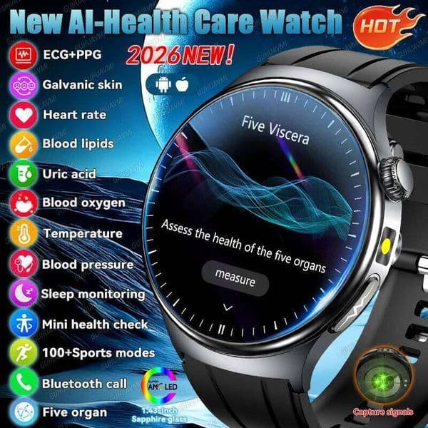 2026New AI-Diagnosis Care ECG+PPG Accurate Uric Acid Blood Pressure Body Fat Five organ Fitness Waterproof Smartwatch 26Y0403
