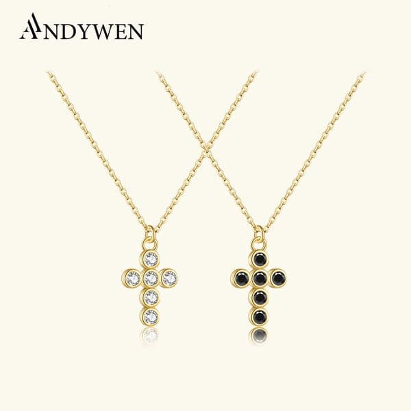 ANDYWEN 925 Sterling Silver Clear Cross Women Chain Necklace Women Fashion Jewelry Slim Crystal Jewels For Party Gift 260325