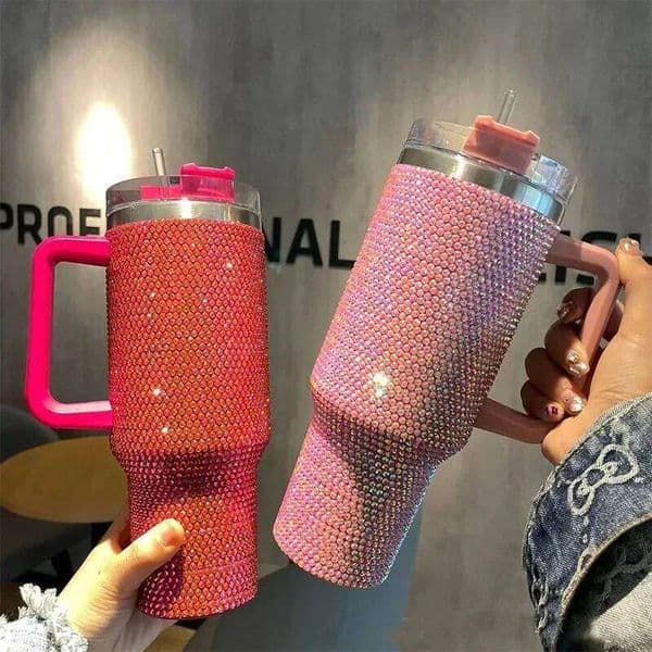 40oz Rhinestone Embellished Thermos with Handle Tumbler Cup Coffee Insulated Bottle Car Vacuum Flasks Keep Cold And Ice 26Y0403