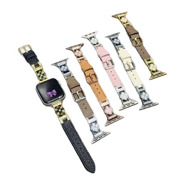Watch Strap Lychee Pattern Leather Metal Four Petal Flower Elegant Wristband For Apple Iwatch S11 Women