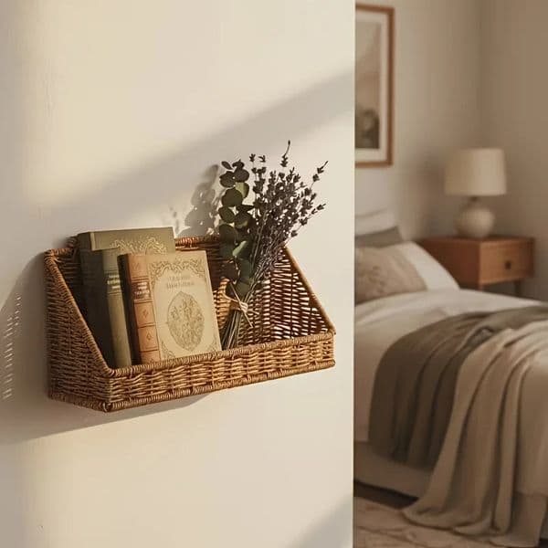 1pc Rustic WallMounted Basket with Hooks Woven Rattan Storage Hamper Suitable for Bathroom Kitchen Bedroom Living Room 260403