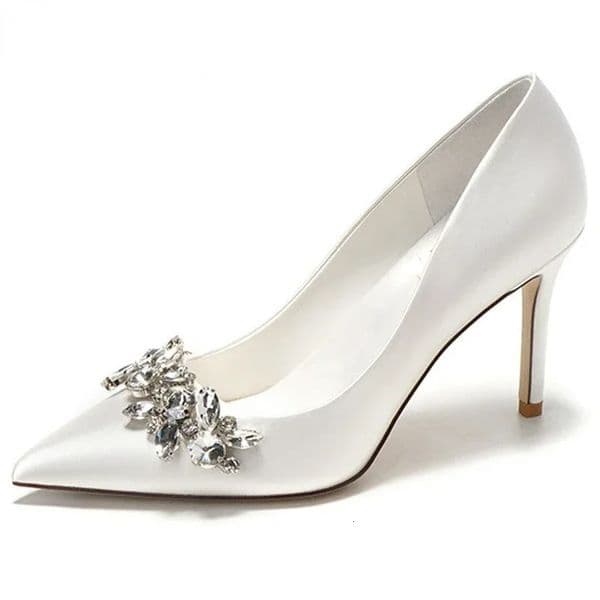 White Champagne Women Bridal Wedding Shoes Faux Silk Satin Rhinestone Crystal Shallow Pumps Stiletto High Heel 260402