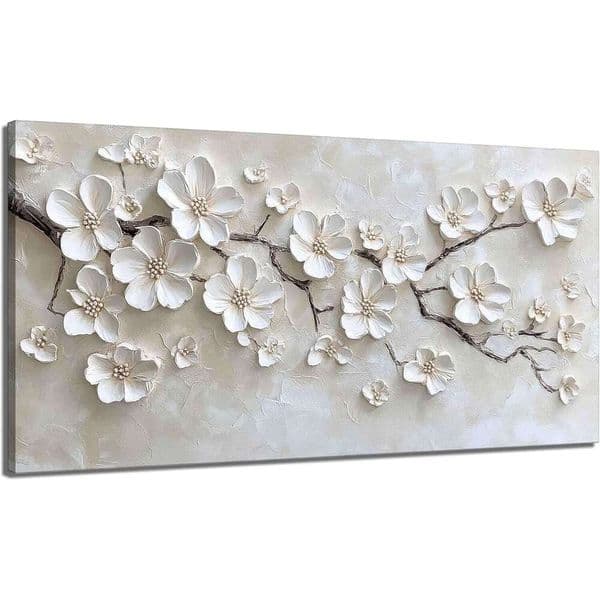 Large White Flower Canvas Wall Art 3D Texture Plant Floral painting Decor Pictures Minimalist Botanical Magnolia Posters Prints for Living Room Classroom
