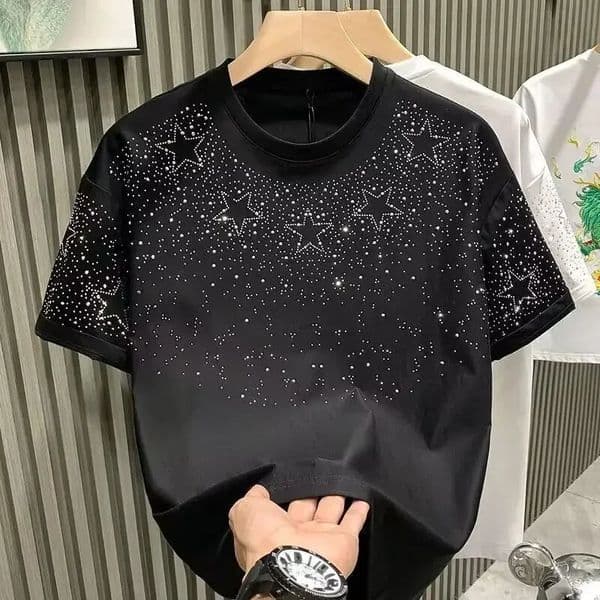 Summer Rhinestone Rivet T-shirt for Men Clothing Round Neck Casual T-shirt Fashion High Street Mens Summer Short Sleeves 260414