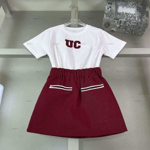 Luxury girls dress suit baby Summer two-piece kids designer clothes Embroidered letters T-shirts and Simple solid color skirt A061X02N026