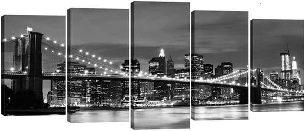 Wieco New York Brooklyn Bridge Art Night View 5 Panel Modern Landcape Artwork Print Abtract Picture to Photo Canva Wall Decor for Home & Office