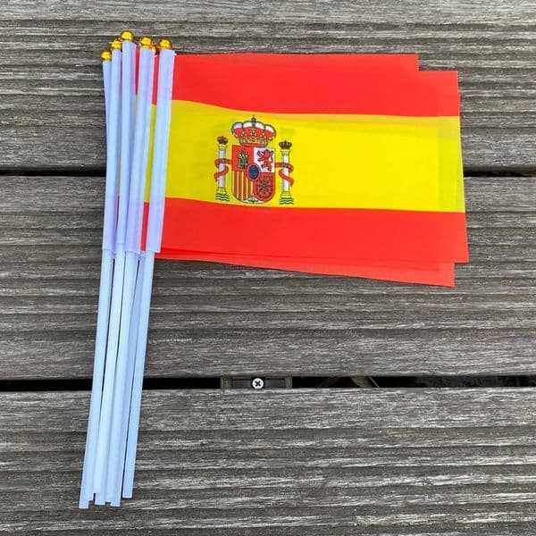 xvggdg Spain National Flag with Plastic Flagpole hand waving flags Espana Polyester Flags 14 21 CM 100pcs 260402