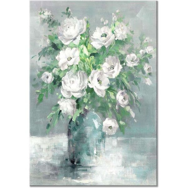 Floral Canvas Wall Art Painting White Rose Flower With Green Leaves Hand-Painted Texture Picture Artwork For Bedroom Bathroom Walls12x16