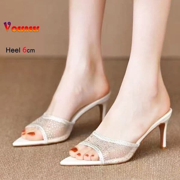 Women Elegant Rhinestone Slippers Breathable Mesh fabric Summer 6CM Thin Heels Woman Pointed toe Party Shoes Outdoors Sandals 260402