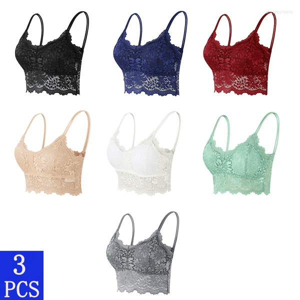 Bras 3PCS Women's Lace Top Comfortable Bralette Solid Color Sexy Underwear Vest Female Hollow Out Wireless Lingerie Seamless Bra