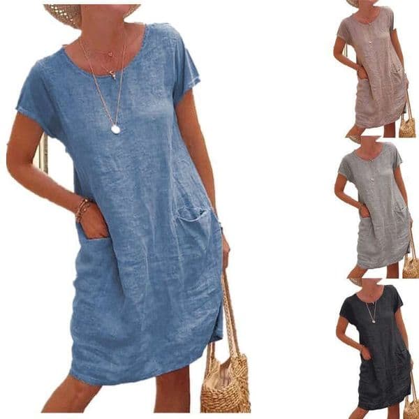 Wish new summer loose-fitting solid color pocket short-sleeve round-neck cotton-linen dress for women