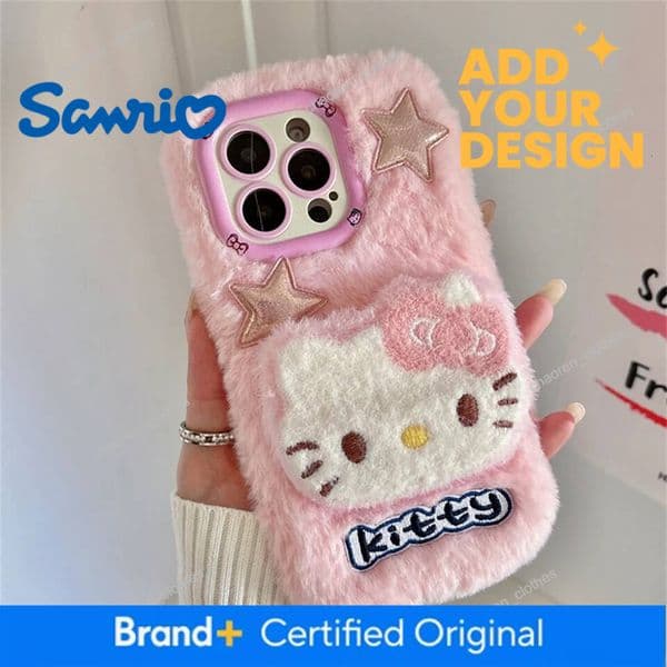 Cute Hello Kitty 3D Fur Fluffy Camera Holder Stand Phone Case For Iphone 13 14 17 15 16 Pro Max 17 Air Shockproof Bumper Cover Luxury Goods
