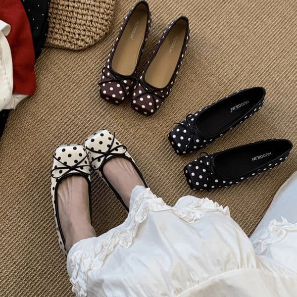 Summer Bowknot Soft-soled Flats Shoes Square Head Retro Women Shoes Polka Women Shoes Fashion Shallow Flat Shoes 260402