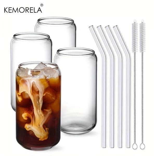 Drinking Glasses Cup with Glass Straw 4pcs Set Can Shaped For Beer Iced Coffee Whiskey Soda Tea Water 2 Cleaning Brushes w260324BJ