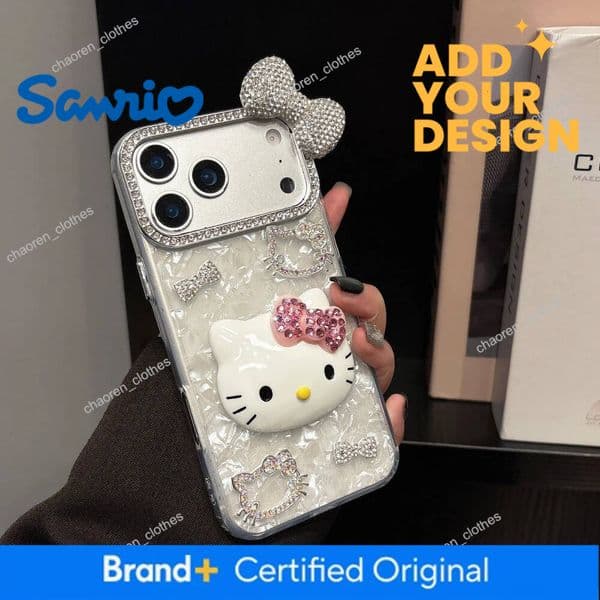 Cute Cartoon Sanrio Hello Kitty Bling Glitter Diamond Phone Case For Iphone 17 16 15 14 13 12 11 Pro Max Shockproof Hard Cover Luxury Goods
