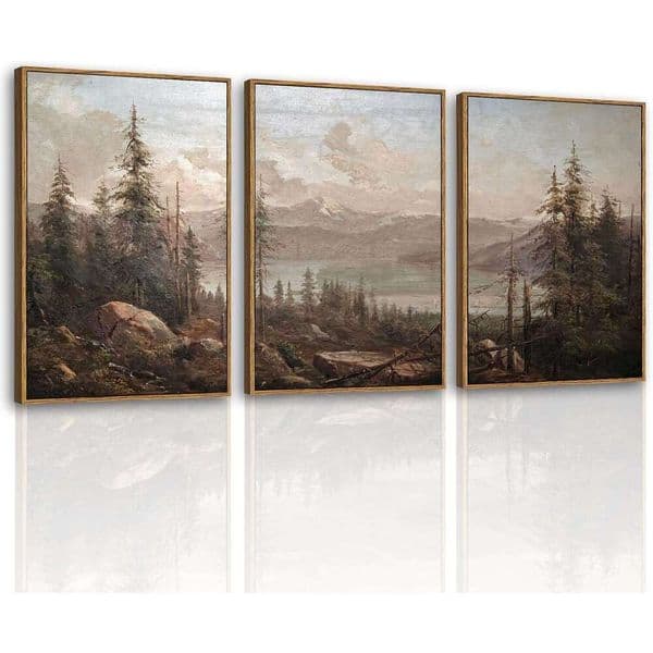 VIYYIEA Large Framed Canvas Art, Pcs, Living Room Vintage Landscape Nature Wall Art Bedroom Above Bed Decor, Country Retro Pictures, 16x24inch, Set of 3