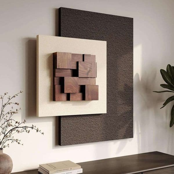3D Wood Textured Large Neutral Abstract Art, Modern Beige Brown Geometric Paintings Artwork Walls-Minimalist Wooden Wall Art Decor for Living Hallway Dining