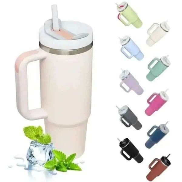 40oz Insulated Tumbler with Handle Straw Stainless Steel Bottle Vacuum Water Cold Warm Thermos Cup Coffee Mug Drinkware 26Y0403