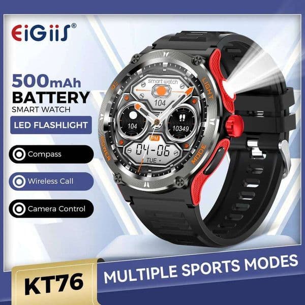 EIGIIS Smart Watch 3ATM Waterproof 1.53" KT76 Men Sport With Compass And LED Flashlight Heart Rate Sleep Analysis BT Call 26Y0403