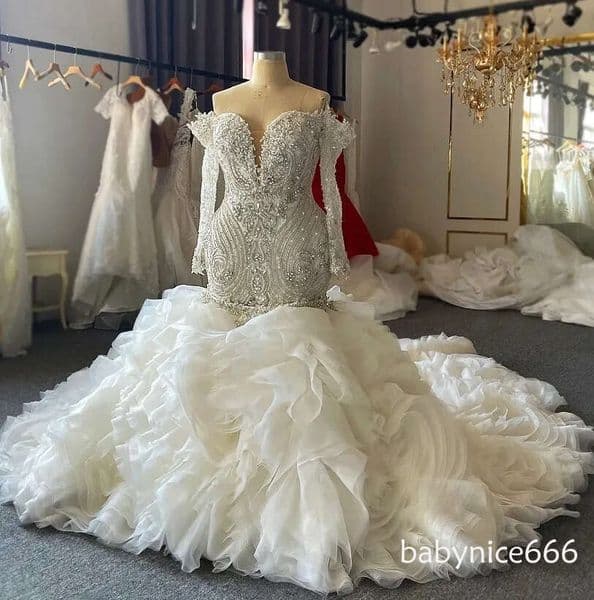 Luxury Mermaid Bride Wedding Dress 2026 Stunning Off the Shoulder Long Sleeves Heavy Beading Crystal Ruffles Train Bridal Gowns Vestido De Noiva