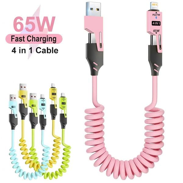 65W 4 in 1 Spring Short Data Cable 6A USB Type C Spring Telescopic Quick Charger Wire Spring USB Cable for iPhone iPad MacBook