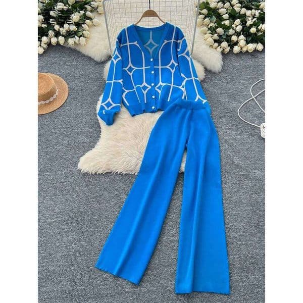 SINGREINY Basics Print Knit Two Pieces Sets Autumn Winter Single Breasted Cardigan+Wide Leg Long Pants Fashion Streetwear Suits