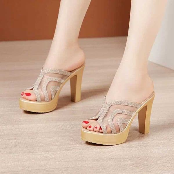 10cm Small Size 32-43 Fashion Glitter Mesh Leather Slippers Summer Shoes 2025 Block High Heels Slides Platform for Office Party Z260403
