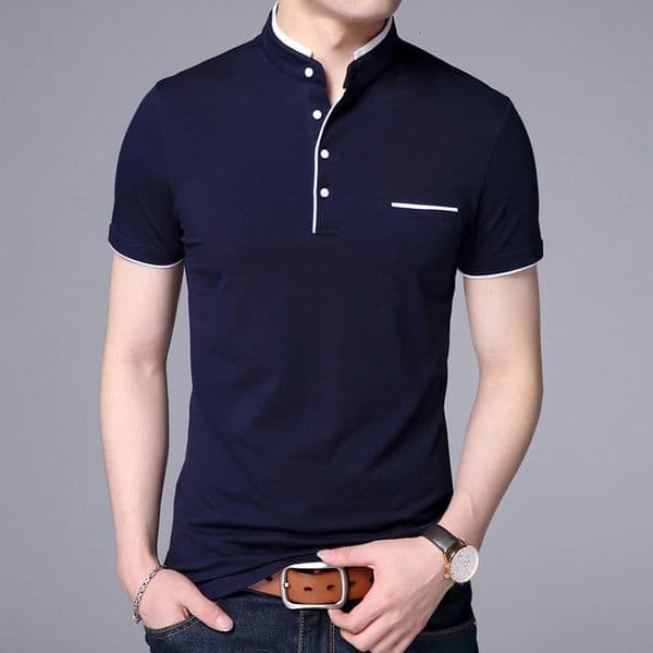 Fashion Polo Shirt Mens Summer Mandarin Collar Slim Fit Solid Color Button Breathable Polos Casual Men Clothing 260402