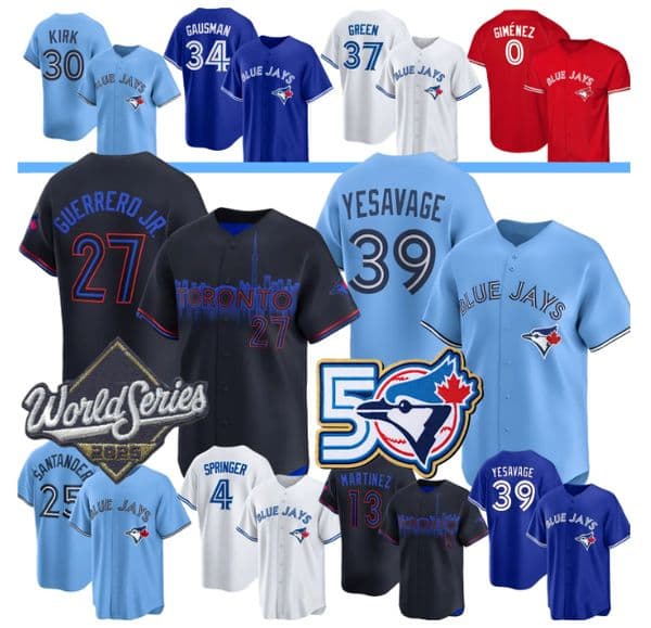 Torontos Jersey Vladimir Guerrero Jr. BlueJays Jerseys George Springer Trey Yesavage Bo Bichette Max Scherzer Schneider Carter Schneider Gausman Kirk WS 50th