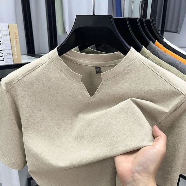 Korean Mens Casual and Fashionable Small V-neck Solid Color Short Sleeved T-shirt Comfortable Summer Versatile Top 260403
