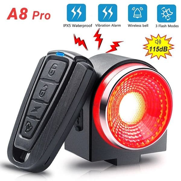 Bicycle Rear Lamp Braking Light Burglary Alarm Remote Call Wireless Control USB Charge LED Lantern Bike Finder Horn Bell A8 Pro 260331BJ