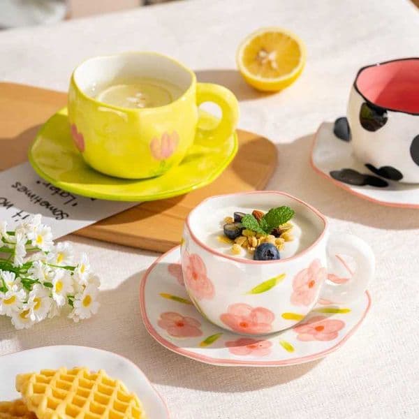 300ML Korean Style Hand Pinched Irregular Ceramic mug Hand-painted Flower Heart Coffee Cup Breakfast Milk Afternoon tea cup Gift H260403
