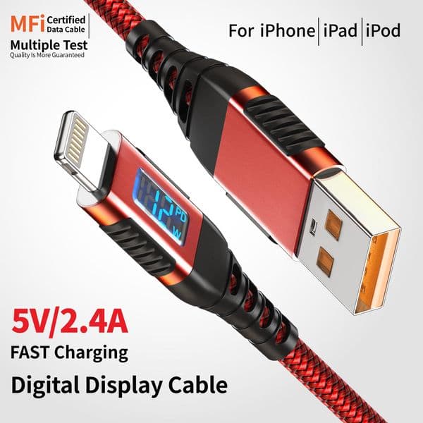 MFi-Certified USB-A to Lightning Fast Charging Cable with LED Display, 12W Fast Charge for iPhone 8-14 iPad