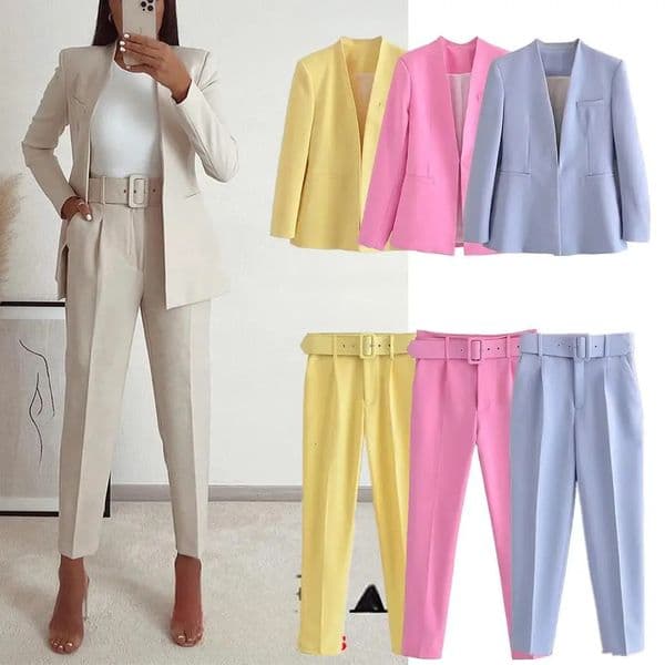 KONDALA Office Lady Beige Women Suits Long Sleeve V Neck Oversized BlazerHigh Waist Wide Leg Pants Fashion Vintage Sets 260325