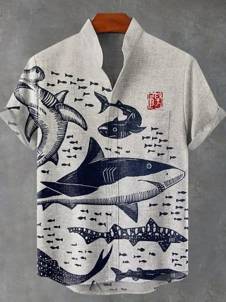 Mens Short Sleeve Shirt Vintage High Quality Linen Fabric Fish Pattern China Fashion Mens Button Top 260403BJ