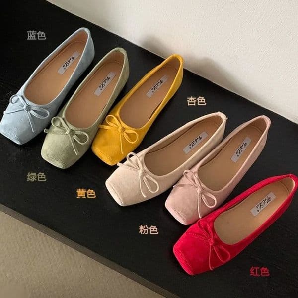 Woman Casual Square Head Bow Flats Flock Mocasines Ballerina Church Flats Female Suede Elegant Soft Sole WomenShoes 260402