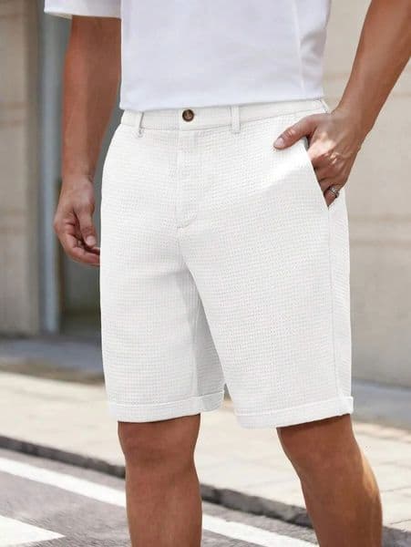 Mens Waffle Texture Slim Fit Shorts Solid Color Button Waist Summer Casual Outdoor Multi-Color Trousers 260402